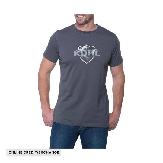 Charcoal crewneck T-shirt with a mountain shield graphic and the word Kuhl