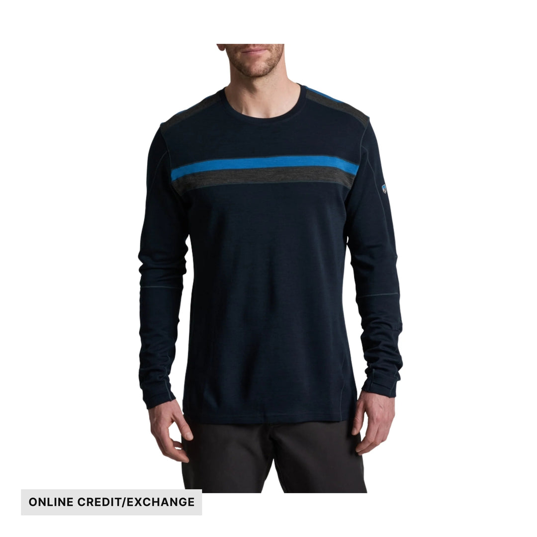 Dark long-sleeve crewneck shirt with blue and gray horizontal chest stripes and a small sleeve logo, shown on a model