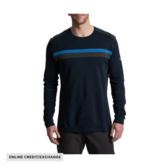 Dark long-sleeve crewneck shirt with blue and gray horizontal chest stripes and a small sleeve logo, shown on a model