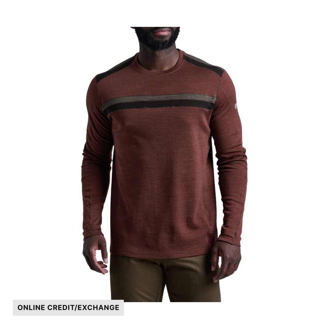 Long-sleeve brown crewneck shirt with dark chest stripe and shoulder panels