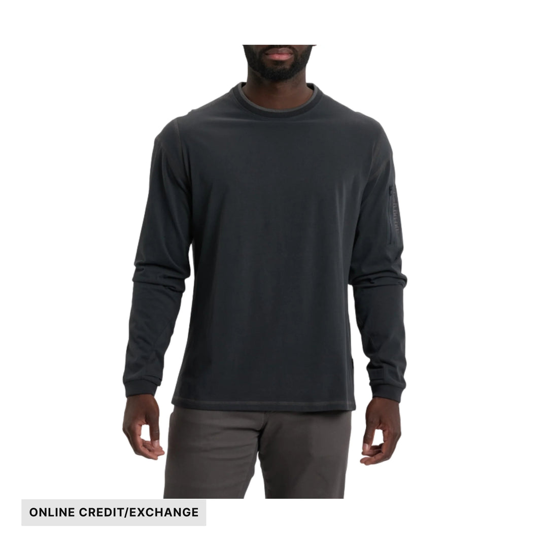 Dark long-sleeve crewneck shirt with ribbed cuffs and a zipper pocket on the sleeve