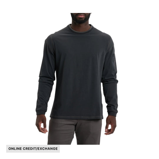 Dark long-sleeve crewneck shirt with ribbed cuffs and a zipper pocket on the sleeve