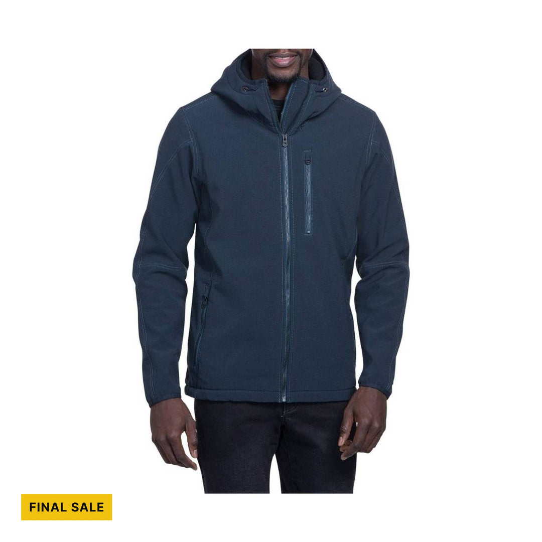 Navy hooded zip-up jacket with chest and side pockets