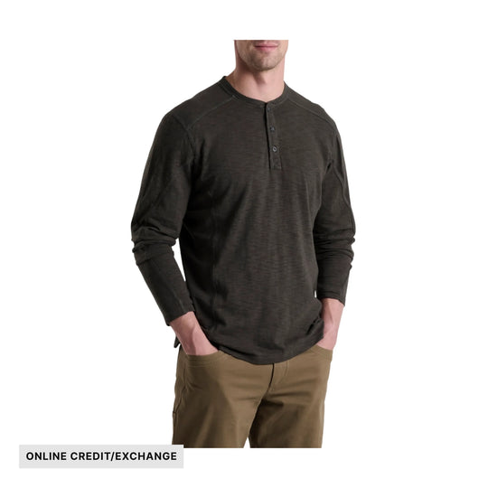 Long-sleeve dark henley shirt with three-button placket and raglan seams