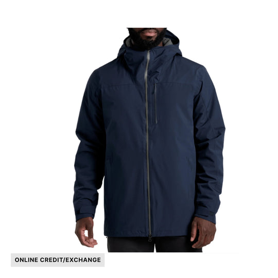 Navy hooded zip-front insulated jacket with chest and sleeve pockets