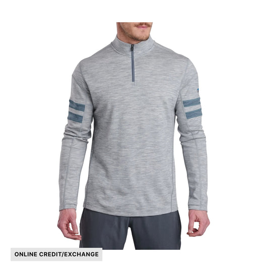 Gray long-sleeve quarter-zip pullover with blue sleeve stripes