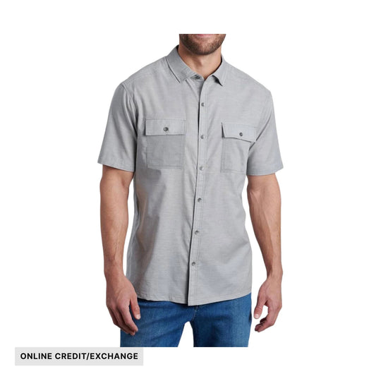 Light gray short-sleeve button-up shirt with chest flap pockets