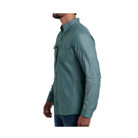 Teal long-sleeve button-up shirt with chest pockets and roll-tab sleeves