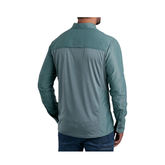 Teal long-sleeve button-up shirt shown from the back