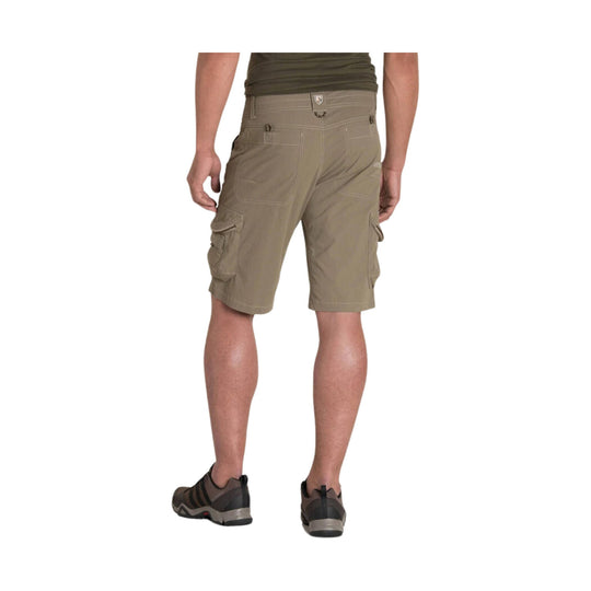 Khaki cargo shorts shown from the back with flap leg pockets and belt loops