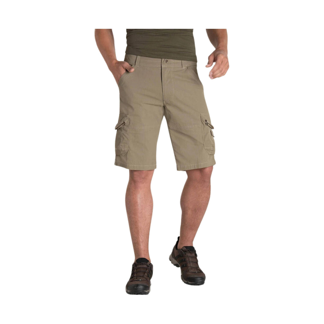 Khaki cargo shorts with side flap pockets and zipper details