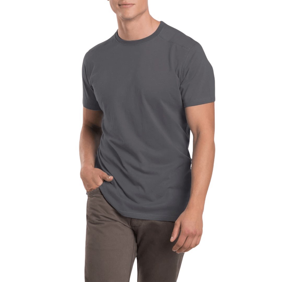 Dark gray short-sleeve crewneck T-shirt on a male model