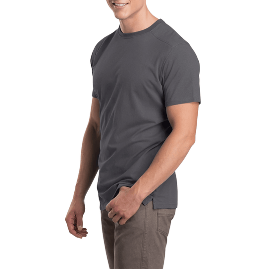 Dark gray short-sleeve crewneck T-shirt shown on a male model, side view
