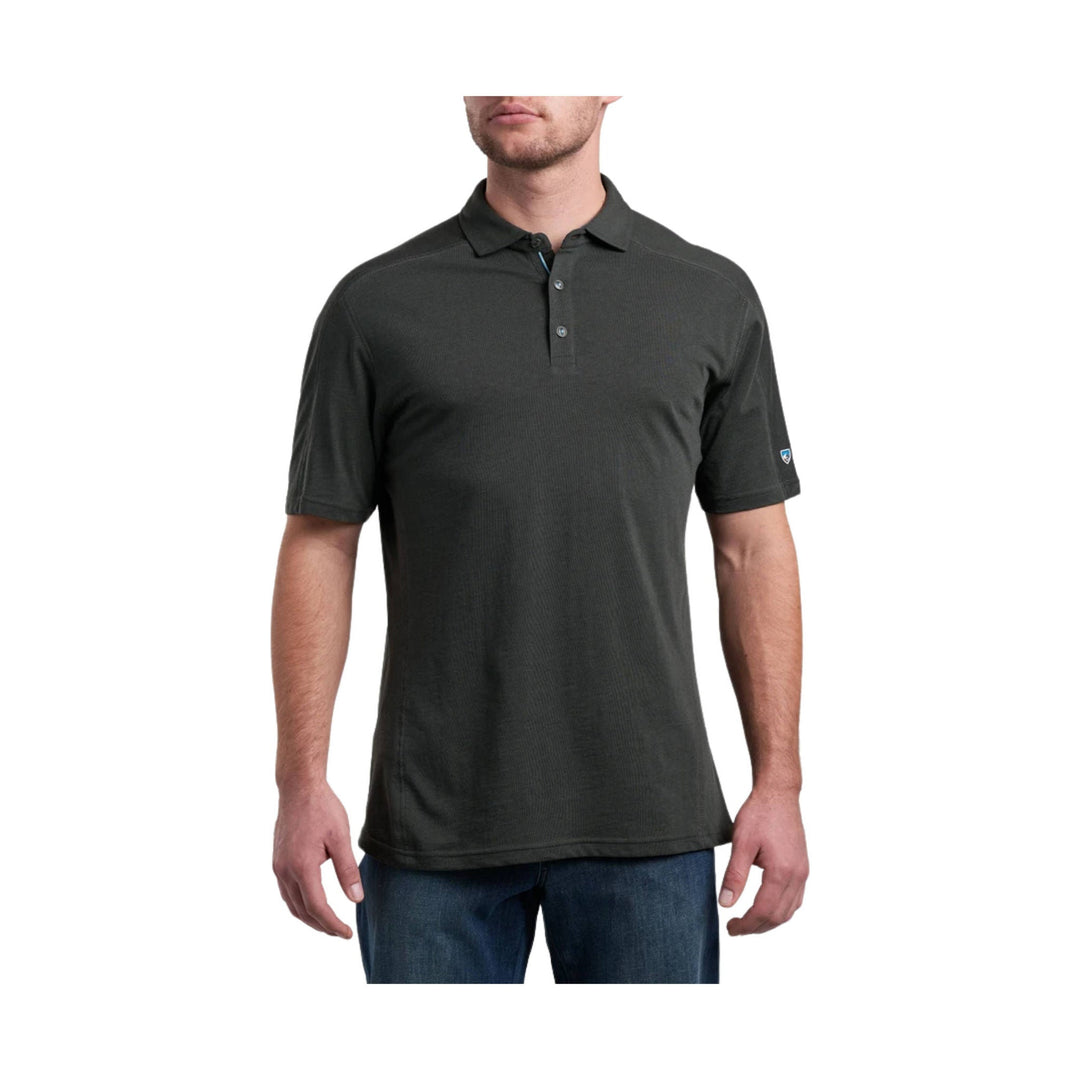 Dark short-sleeve polo shirt with a three-button placket and small sleeve logo