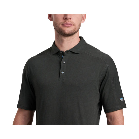 Black short-sleeve polo shirt with three-button placket and collar
