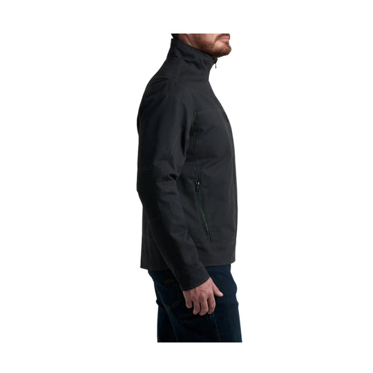 Black zip-front jacket shown in side profile with high collar and zippered side pocket
