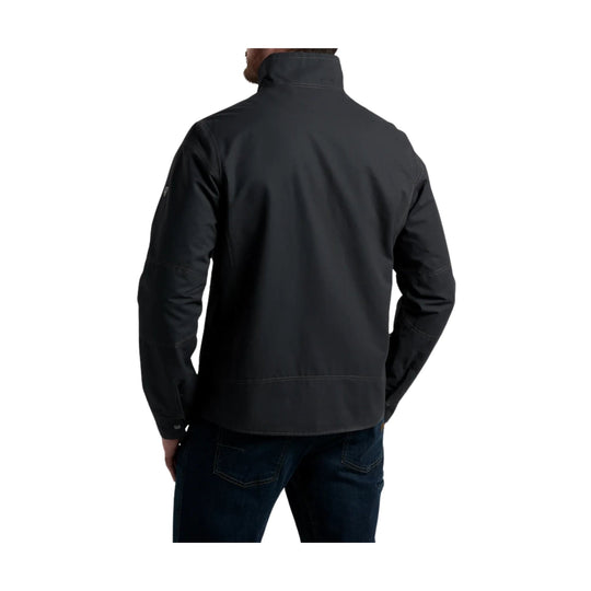 Black zip-up jacket shown from the back with a high collar and long sleeves