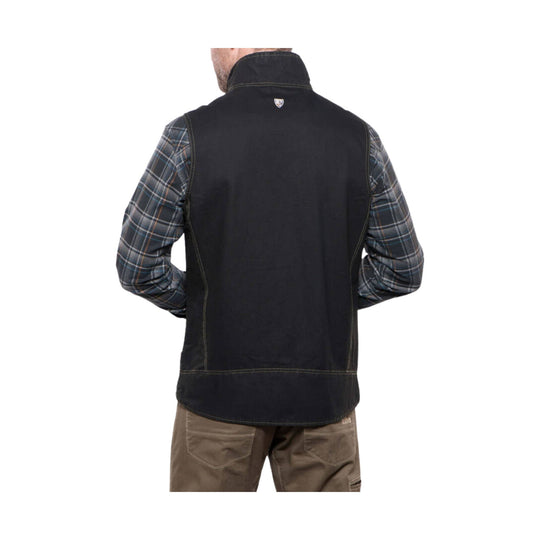 Black vest with plaid long sleeves, shown from the back