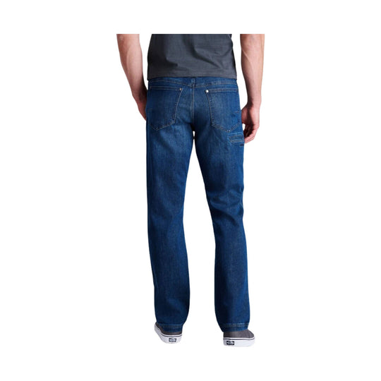Back view of blue straight-leg jeans with five pockets