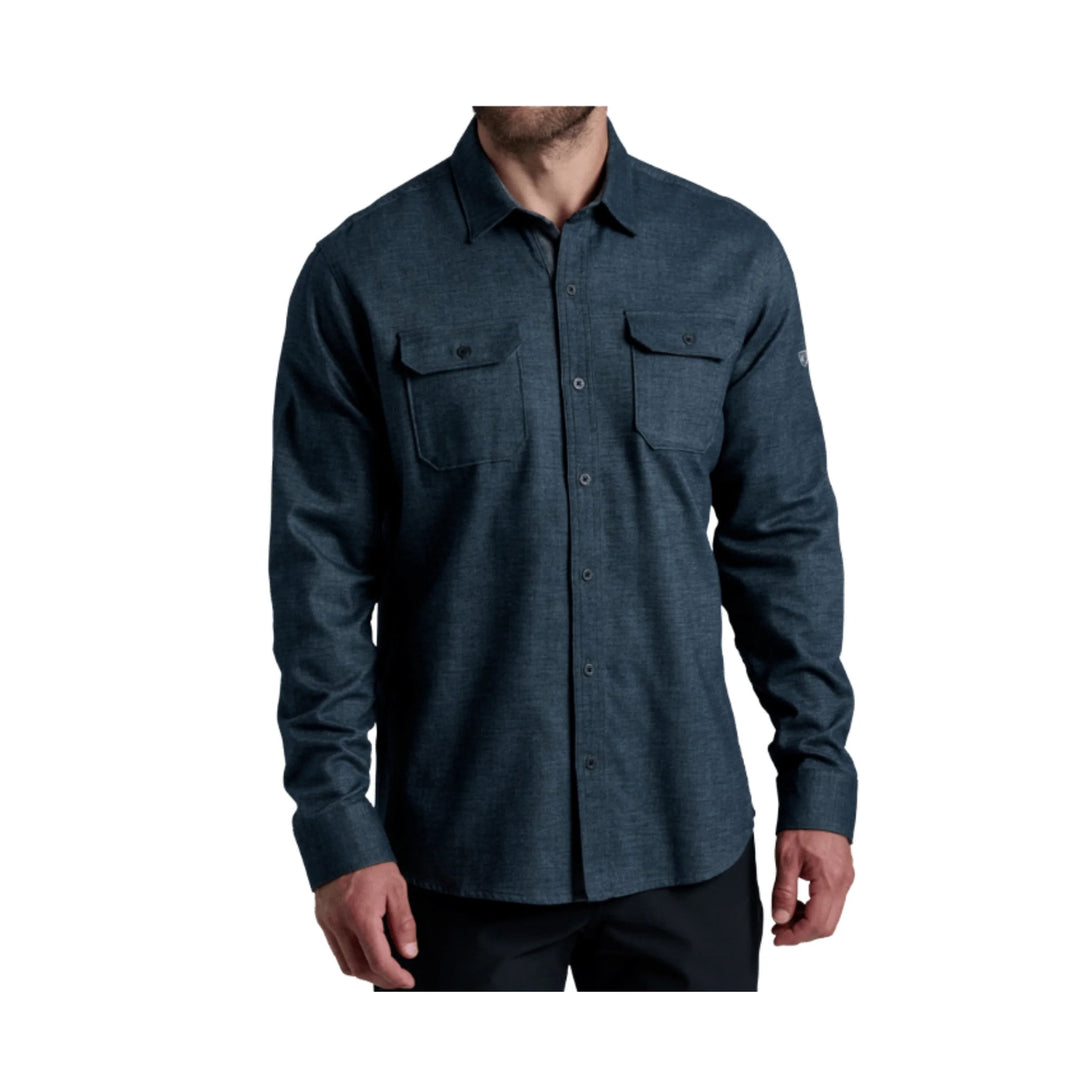 Dark blue long-sleeve button-up flannel shirt with two chest flap pockets