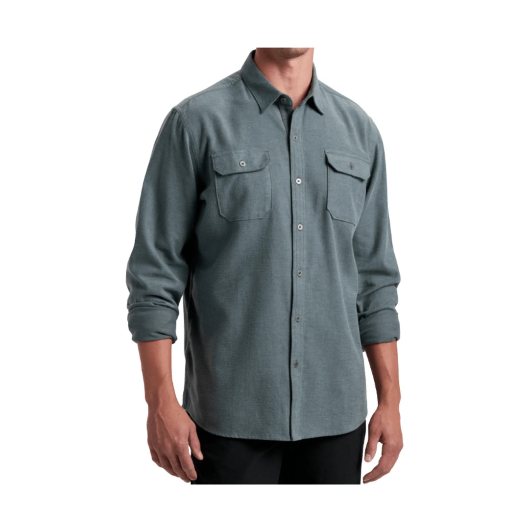 Gray long-sleeve button-up shirt with two chest flap pockets
