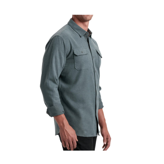 Gray long-sleeve button-up shirt with chest pockets, shown in side view