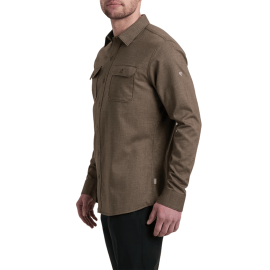Brown long-sleeve button-up flannel shirt with two chest flap pockets, shown in side view