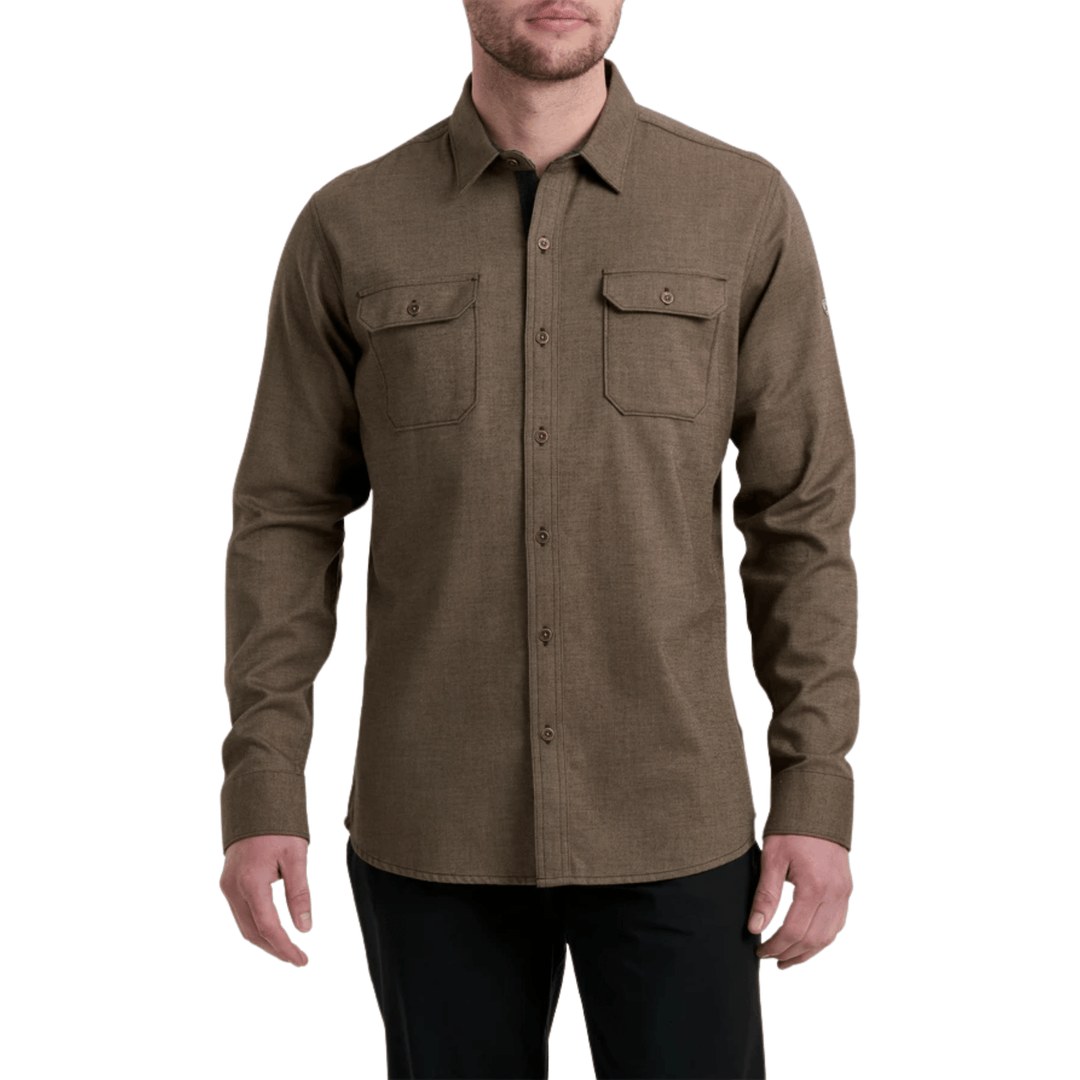 Brown long-sleeve button-up shirt with two chest flap pockets