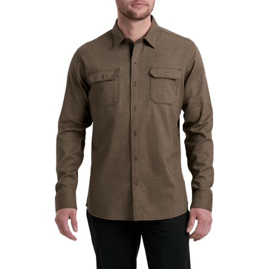 Brown long-sleeve button-up shirt with two chest flap pockets