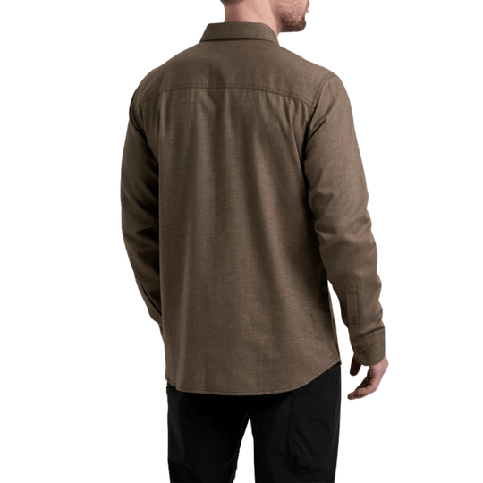 Brown long-sleeve button-up shirt shown from the back