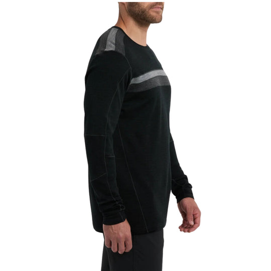 Black long-sleeve crewneck shirt with gray shoulder and chest stripes, side view