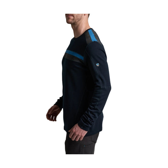 Black long-sleeve crewneck top with blue stripe accents on the shoulder and chest