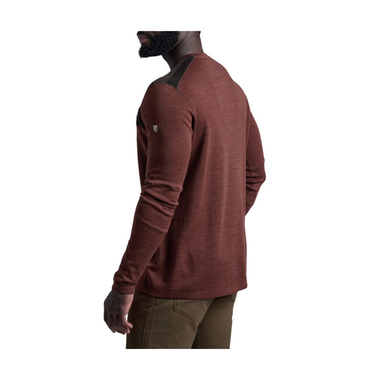 Long-sleeve crewneck shirt in rust brown with dark shoulder panels, shown from the back and side
