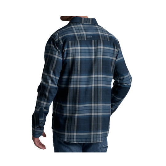 Blue plaid long-sleeve button-up shirt shown from the back