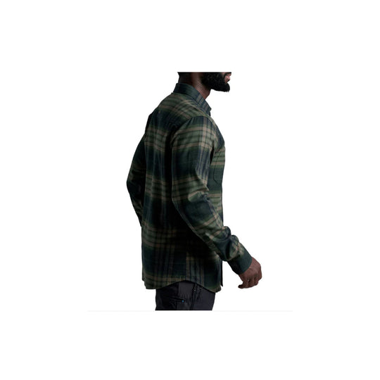 Dark green plaid long-sleeve button-up shirt shown in side view on a male model