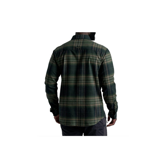 Dark green plaid long-sleeve button-up shirt shown from the back