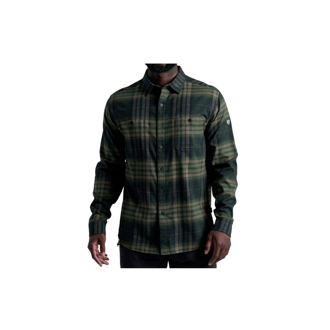 Dark green and black plaid long-sleeve button-up shirt with chest pockets