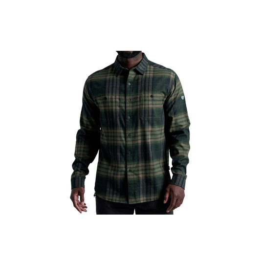 Dark green and black plaid long-sleeve button-up shirt with chest pockets