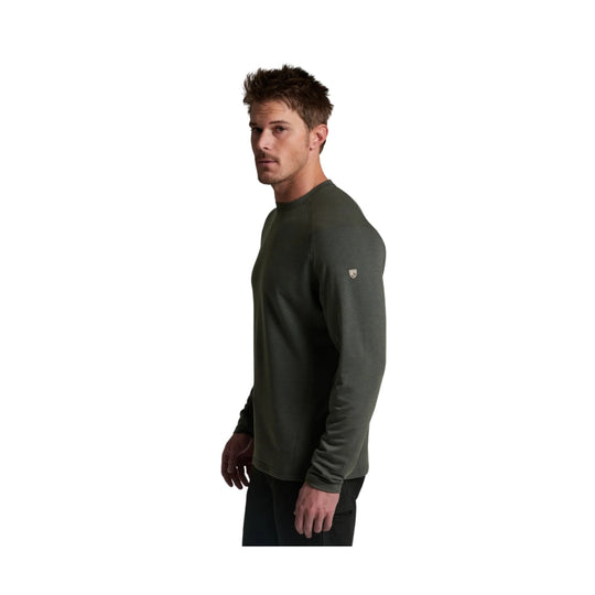 Dark olive long-sleeve crewneck shirt shown in side profile