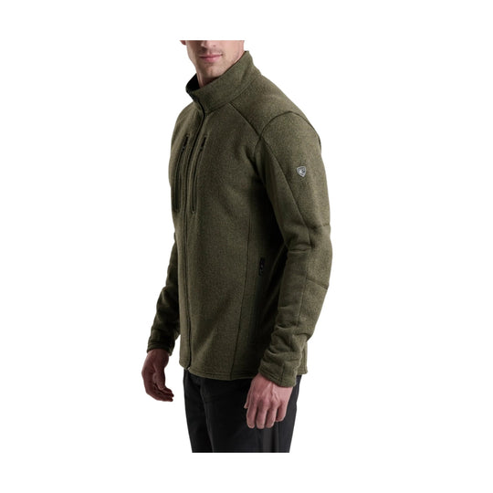 Olive green full-zip fleece jacket shown in side view