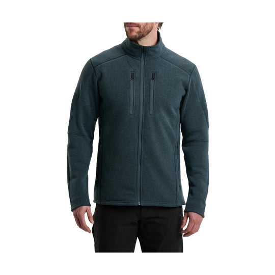 Dark teal full-zip fleece jacket with stand collar, chest pockets, and long sleeves