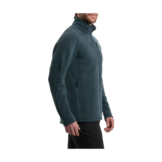 Dark teal full-zip fleece jacket with a high collar, chest pocket, and side zip pockets, shown in side view.