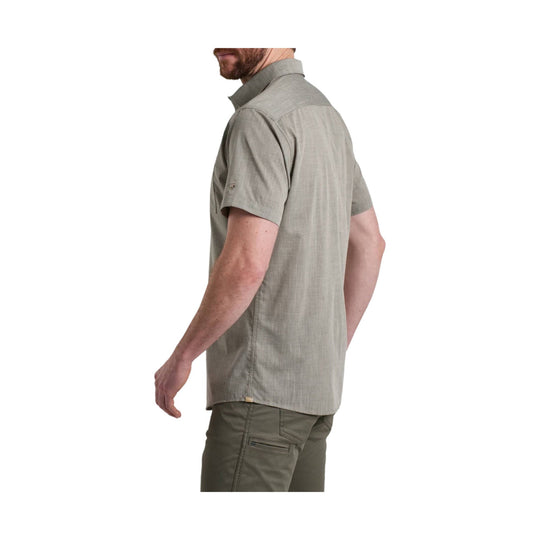 Light gray short-sleeve button-up shirt shown from the back and side on a male model