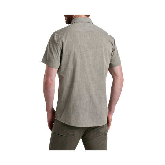 Short-sleeve gray button-up shirt shown from the back