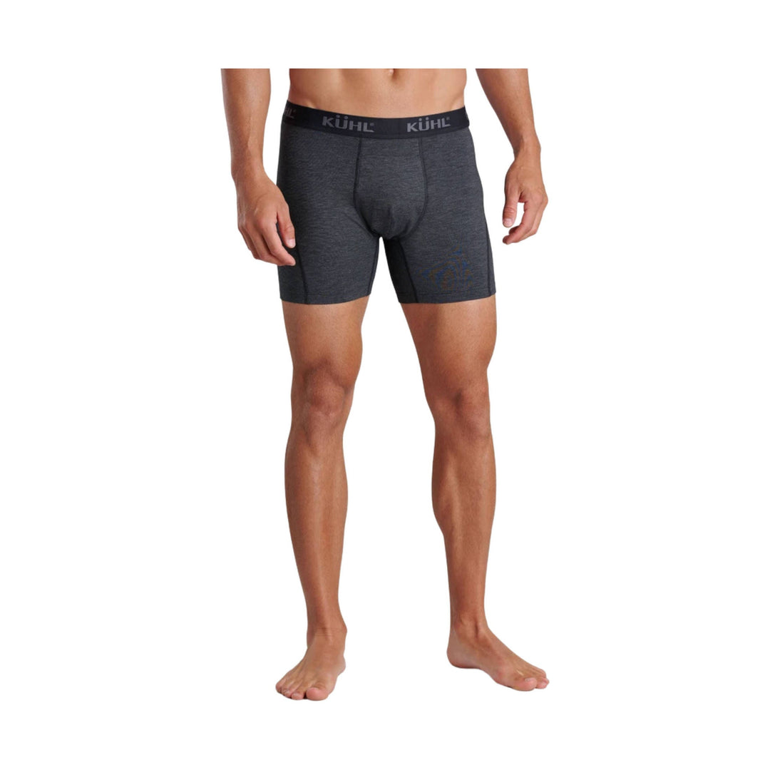 Dark gray boxer briefs with black logo waistband on a male model