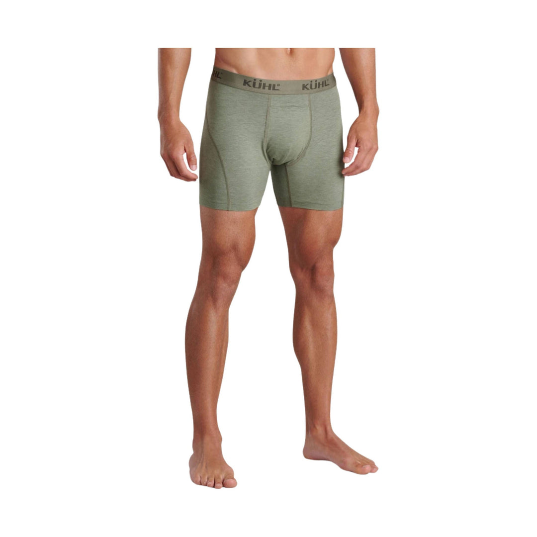 Olive green men's boxer briefs with a branded waistband