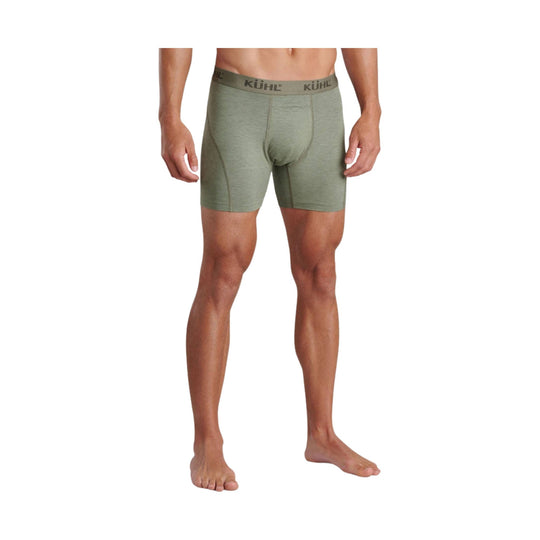 Olive green men's boxer briefs with a branded waistband