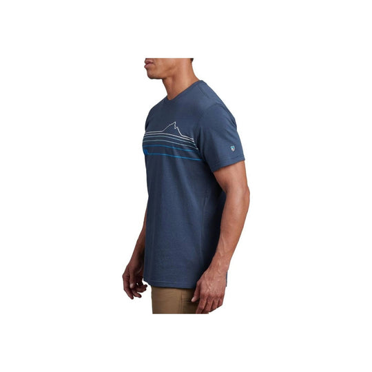 Navy short-sleeve graphic T-shirt with mountain line artwork across the chest