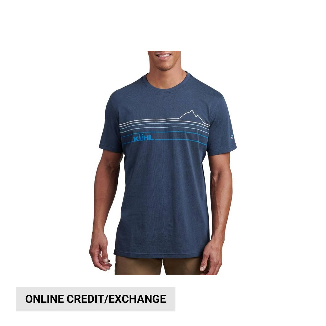 Navy short-sleeve T-shirt with mountain line graphic and KUHL logo
