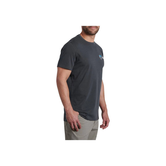 Charcoal short-sleeve crewneck T-shirt with small chest logo, shown on a male model in side view